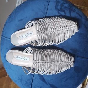 Ashley Cole Sanna Gray Flat Caged Leather Sandals.